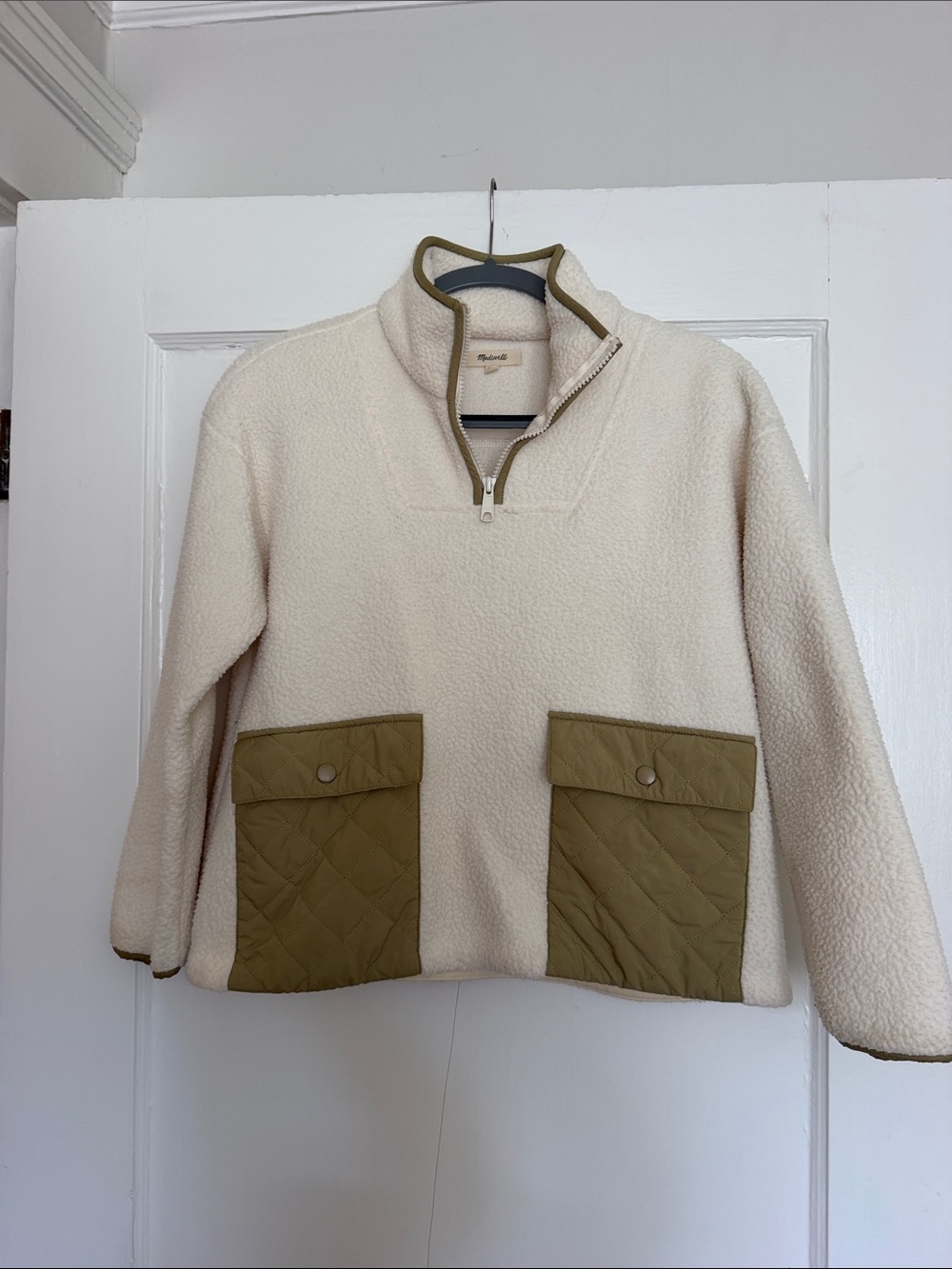 Madewell Cream Sherpa Pullover with Olive Patch Pockets